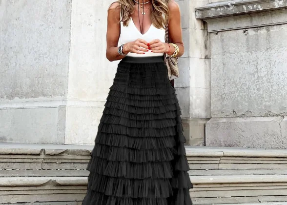 Boho Chic Multilayer Ruffle Skirt | High Waist Maxi Tulle Skirt for Effortless Elegance