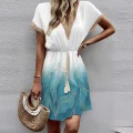 Seraphine Sky: Elegant Lace V-Neck Waist Wrap Dress - Summer 2024 Collection