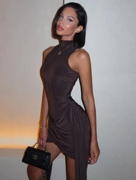 Minette Sleeveless Ruched Turtleneck Mini Dress