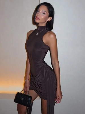 Minette Sleeveless Ruched Turtleneck Mini Dress