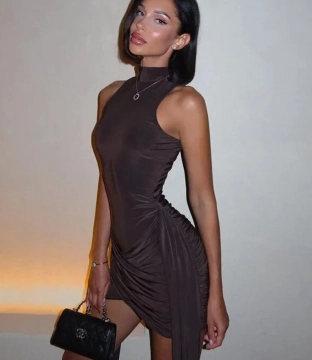 Minette Sleeveless Ruched Turtleneck Mini Dress