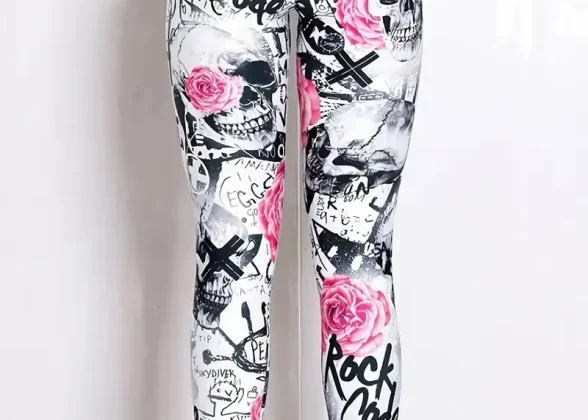 Rebel Rose Leggings: Floral & Skull Print Slim-Fit Tights for Bold Fashion