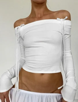 Off-Shoulder Fashion Bow Top – Chic Long Sleeve Tee for Effortless Style