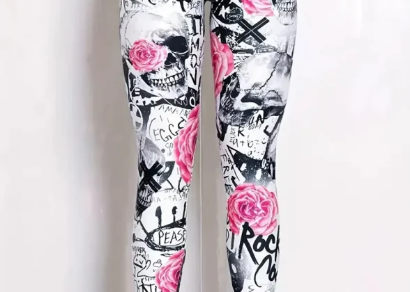 Rebel Rose Leggings: Floral & Skull Print Slim-Fit Tights for Bold Fashion