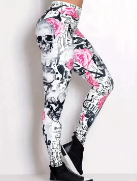 Rebel Rose Leggings: Floral & Skull Print Slim-Fit Tights for Bold Fashion