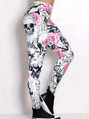 Rebel Rose Leggings: Floral & Skull Print Slim-Fit Tights for Bold Fashion