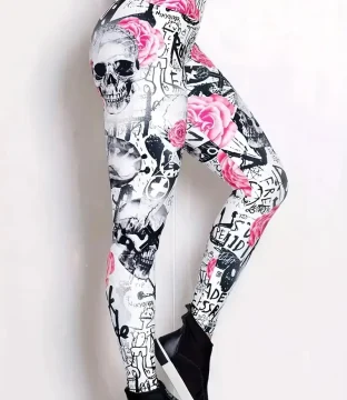 Rebel Rose Leggings: Floral & Skull Print Slim-Fit Tights for Bold Fashion