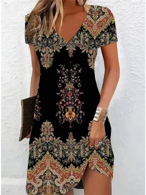 Céleste Vintage Midi Dress – Ethnic Floral Print, Casual Short Sleeve V-Neck