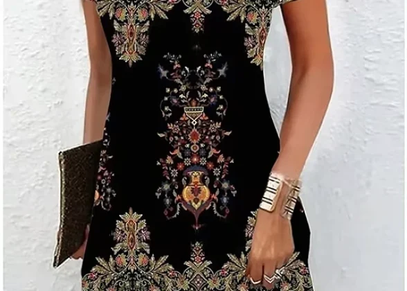Céleste Vintage Midi Dress - Ethnic Floral Print, Casual Short Sleeve V-Neck