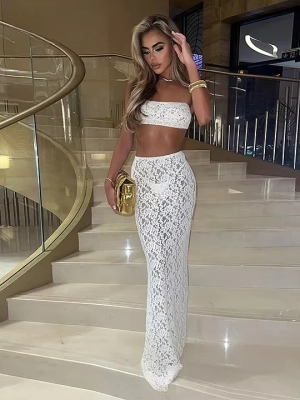 White Sensation Two-Piece Set | Elegant Strapless Crop Top & Long Skirt