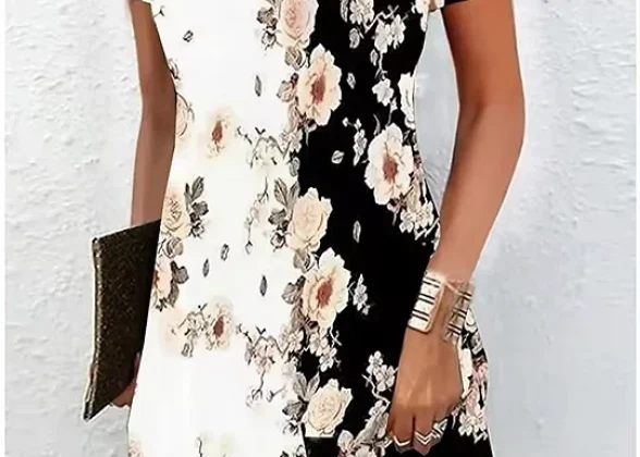Céleste Vintage Midi Dress - Ethnic Floral Print, Casual Short Sleeve V-Neck