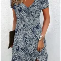 Céleste Vintage Midi Dress - Ethnic Floral Print, Casual Short Sleeve V-Neck
