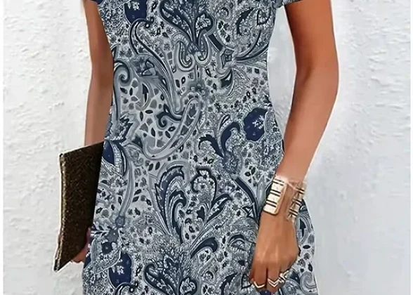Céleste Vintage Midi Dress - Ethnic Floral Print, Casual Short Sleeve V-Neck
